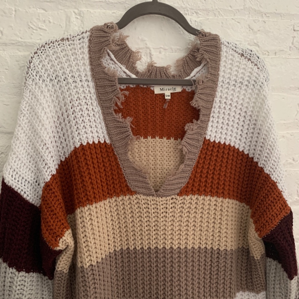 Oversized Striped Distressed Knit Sweater